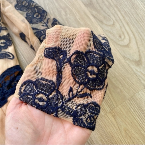 BANJUL Nude & Navy Blue Long Sleeve Romper Tattoo Lace Floral Mesh - Picture 5 of 10